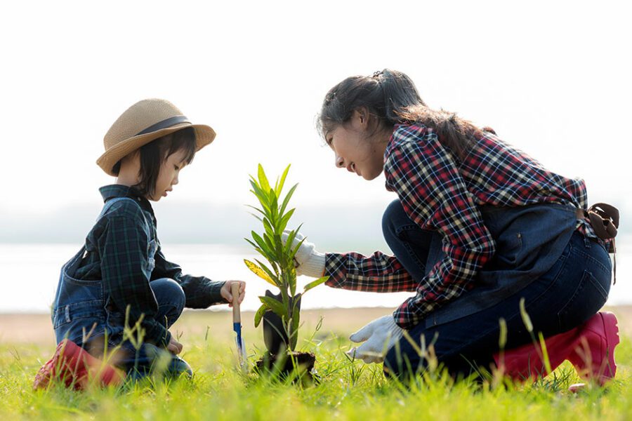 mother and child tree planting outside